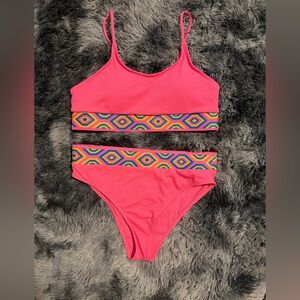 Hot Pink Two-Piece Swim Set with Colorful Geometric Band